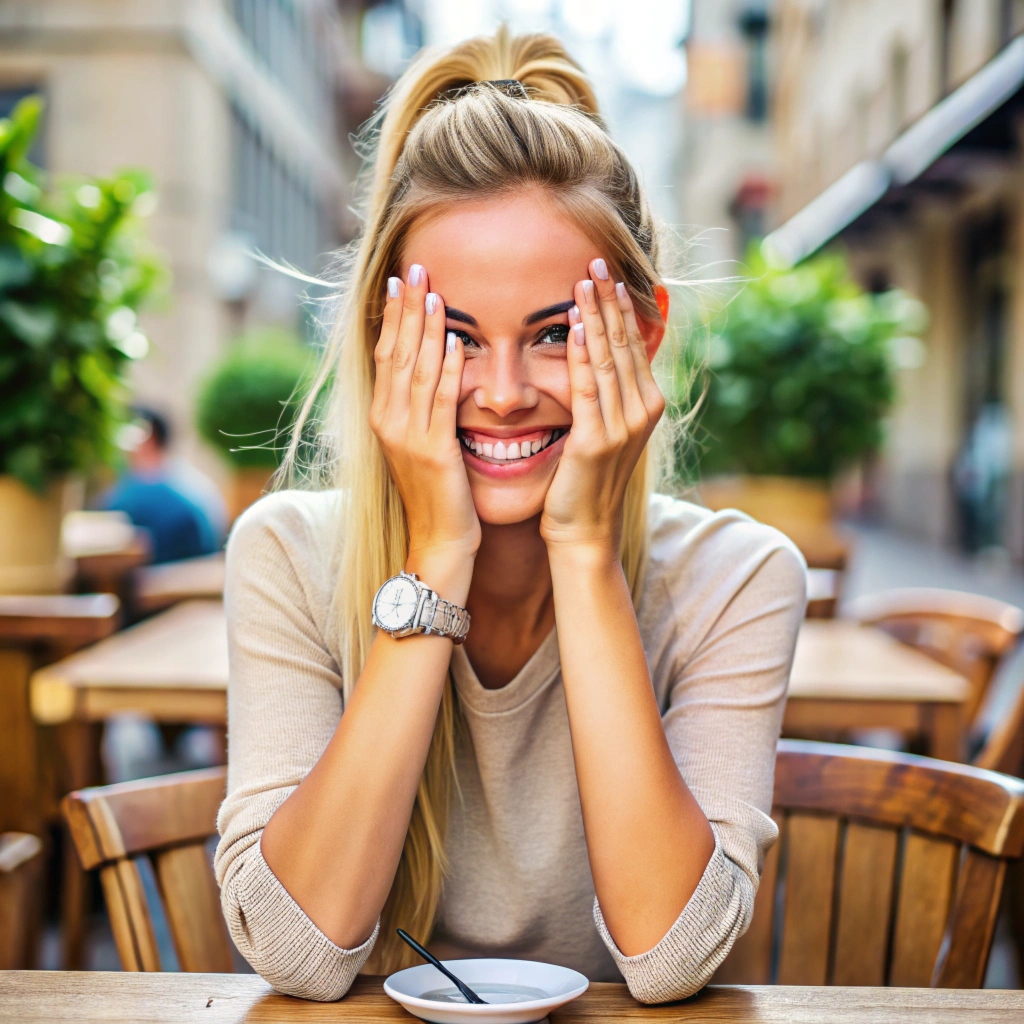 Portrait of a smiling tanned 30 year old woman wit